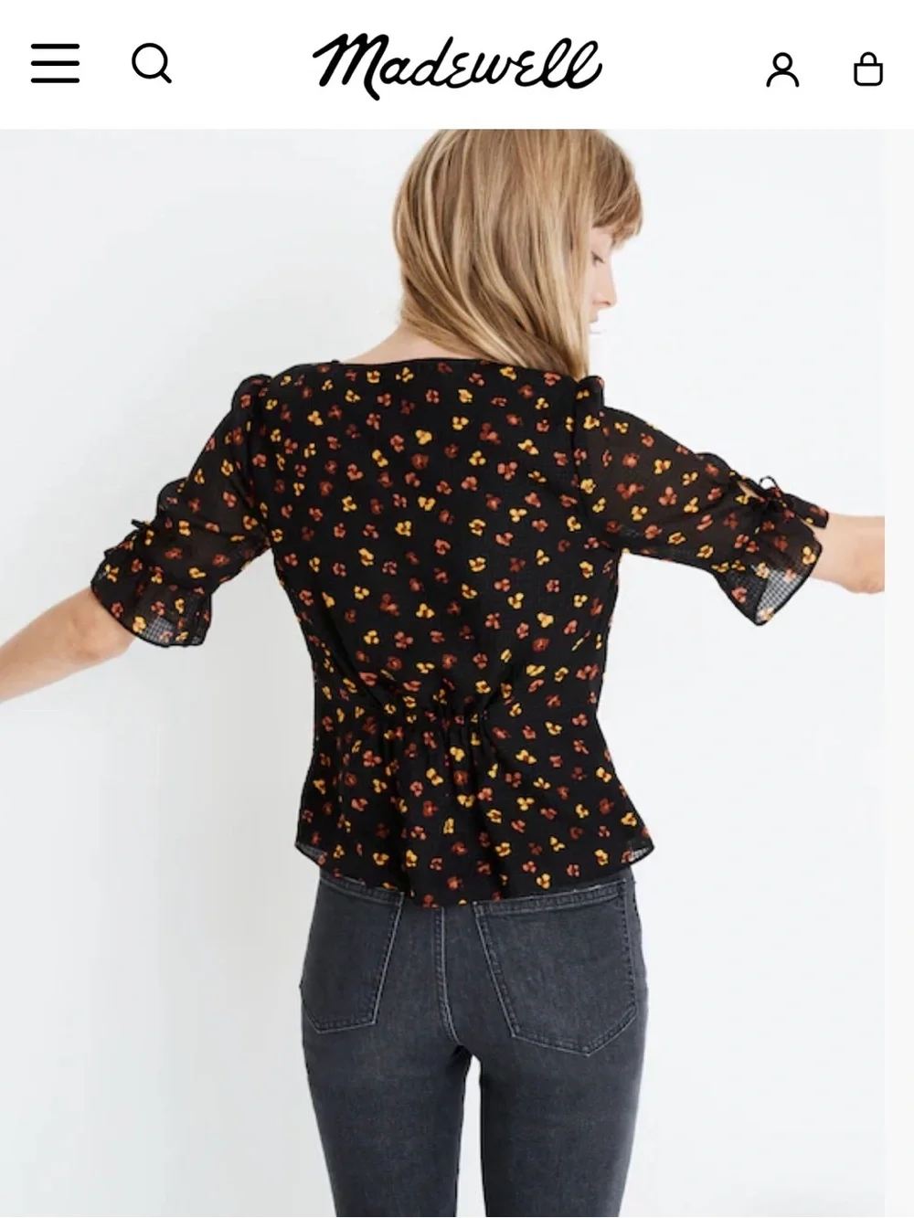 Madewell Silk Black V-Neck Tie-Sleeve Floral Top Sz 4 Coquette Cottage Prairie